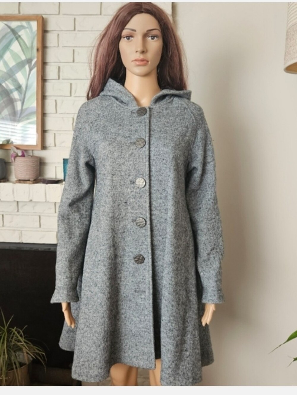 Blue Sky Wool Swing Coat Bluish Gray Button Down Oversized Hooded